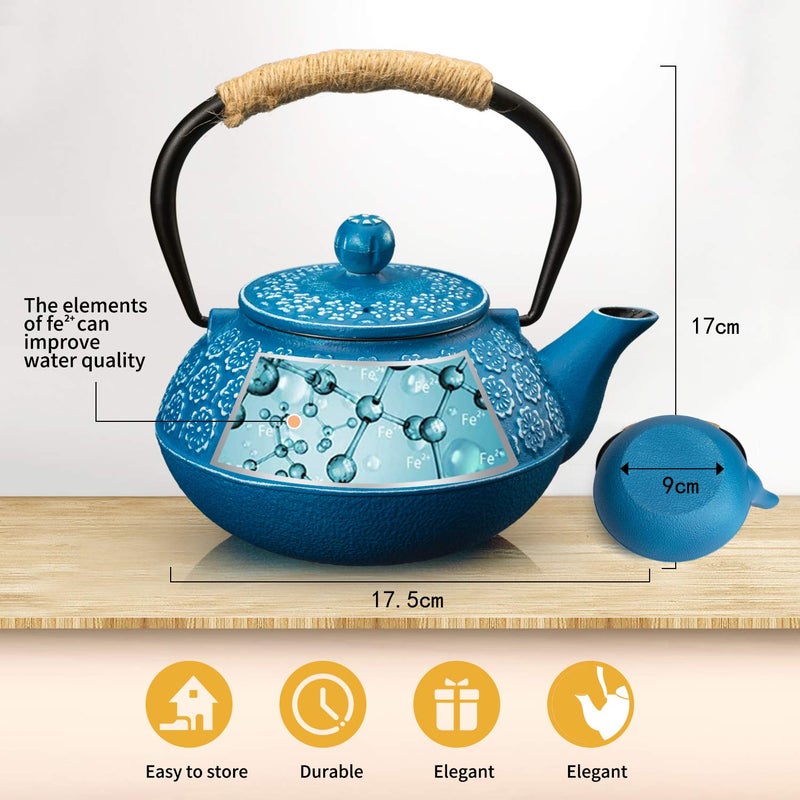 Sotya Cast Iron Teapot, 30oz/900ml Japanese Tetsubin Tea Pot with Infuser for Loose Leaf and Tea Bags, Tea Kettle Coated with Enameled Interior for Stove Top, Dark Blue - Image 5